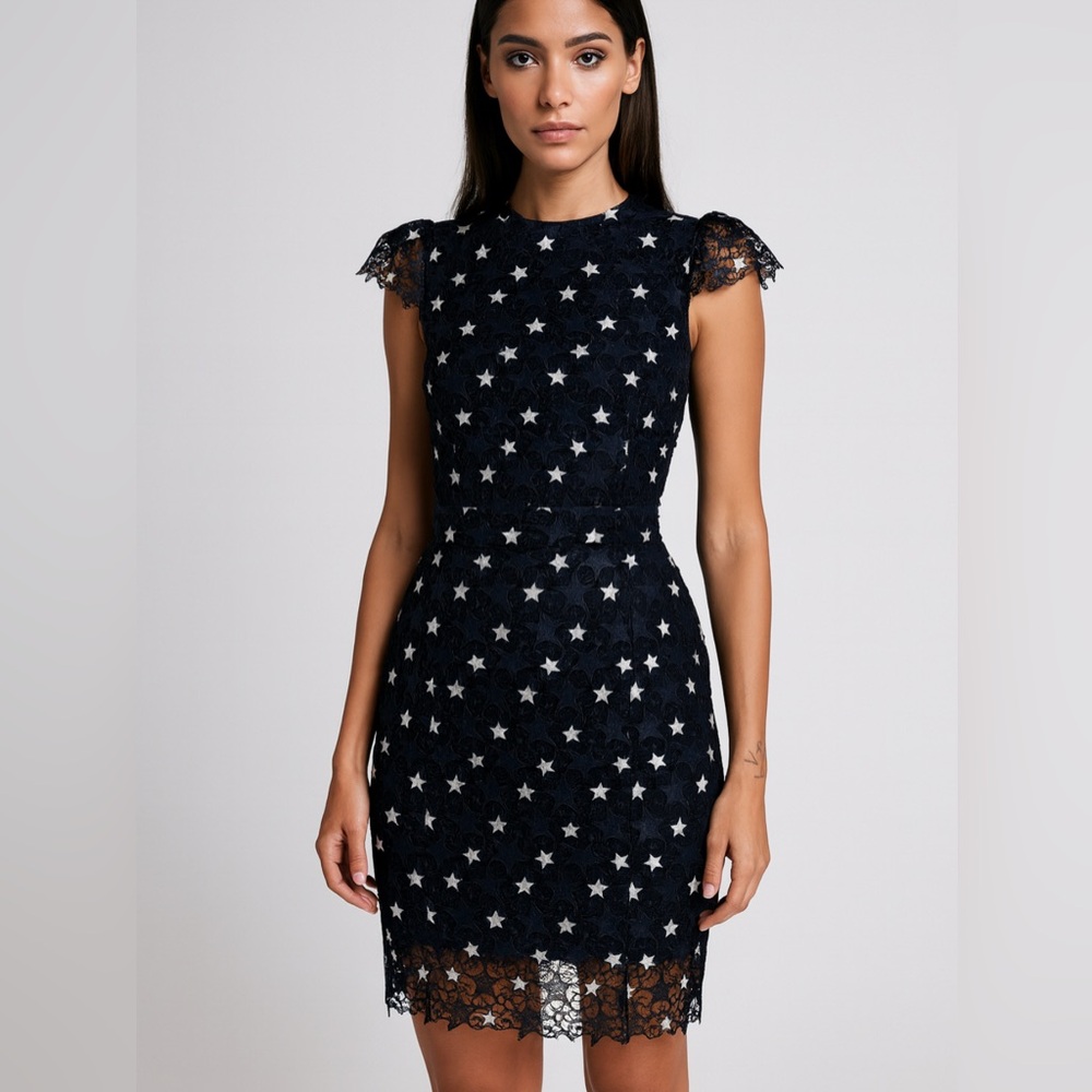 Romeo & Juliet Couture Lace Navy Blue Star midi dress. Size Small.